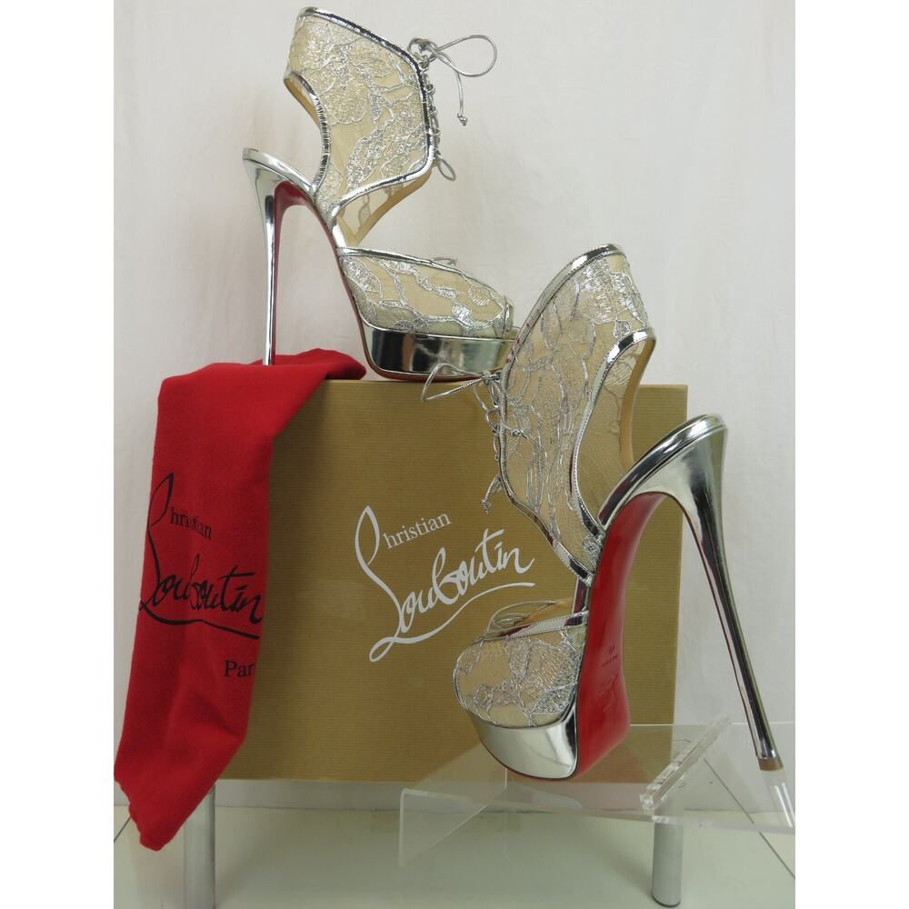 NIB LOUBOUTIN JOSE ALTAFINE 150 SILVER METALLIC LEATHER LACE PLATFORM PUMPS 40 - Picture 4 of 11